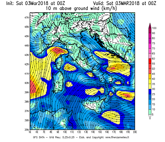 Mappa di analisi GFS - Velocità del vento a 10 metri dal suolo [km/h] in Italia
									del 03/03/2018 00 <!--googleoff: index-->UTC<!--googleon: index-->