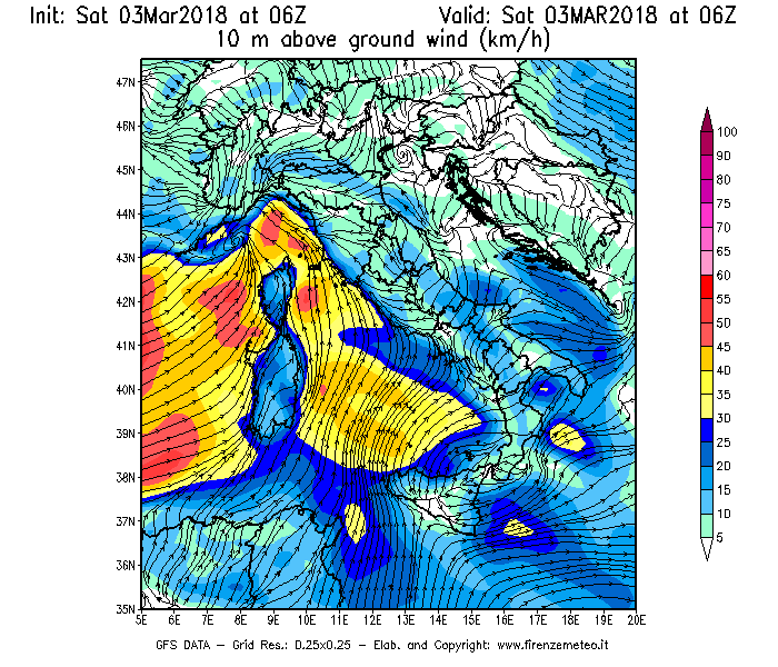 Mappa di analisi GFS - Velocità del vento a 10 metri dal suolo [km/h] in Italia
									del 03/03/2018 06 <!--googleoff: index-->UTC<!--googleon: index-->