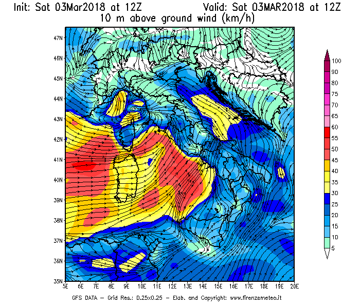 Mappa di analisi GFS - Velocità del vento a 10 metri dal suolo [km/h] in Italia
									del 03/03/2018 12 <!--googleoff: index-->UTC<!--googleon: index-->
