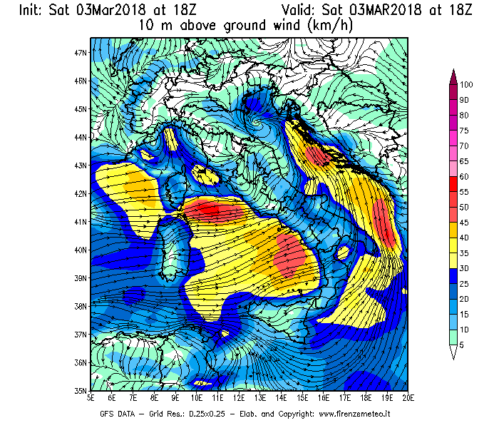 Mappa di analisi GFS - Velocità del vento a 10 metri dal suolo [km/h] in Italia
							del 03/03/2018 18 <!--googleoff: index-->UTC<!--googleon: index-->