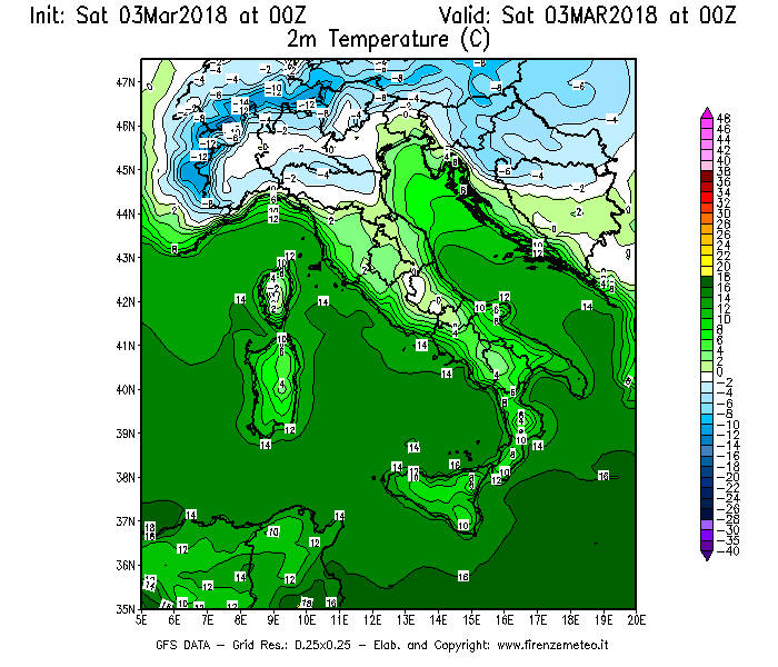 Mappa di analisi GFS - Temperatura a 2 metri dal suolo [°C] in Italia
									del 03/03/2018 00 <!--googleoff: index-->UTC<!--googleon: index-->