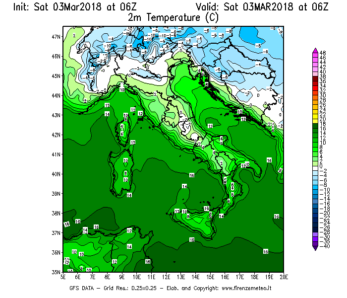 Mappa di analisi GFS - Temperatura a 2 metri dal suolo [°C] in Italia
							del 03/03/2018 06 <!--googleoff: index-->UTC<!--googleon: index-->