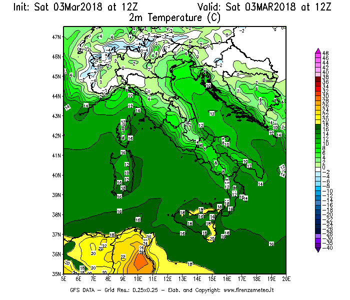 Mappa di analisi GFS - Temperatura a 2 metri dal suolo [°C] in Italia
							del 03/03/2018 12 <!--googleoff: index-->UTC<!--googleon: index-->