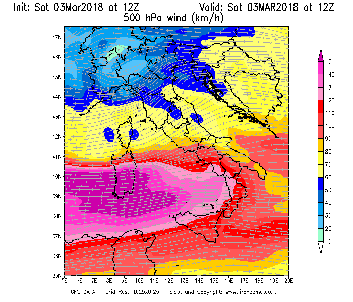 Mappa di analisi GFS - Velocità del vento a 500 hPa [km/h] in Italia
							del 03/03/2018 12 <!--googleoff: index-->UTC<!--googleon: index-->