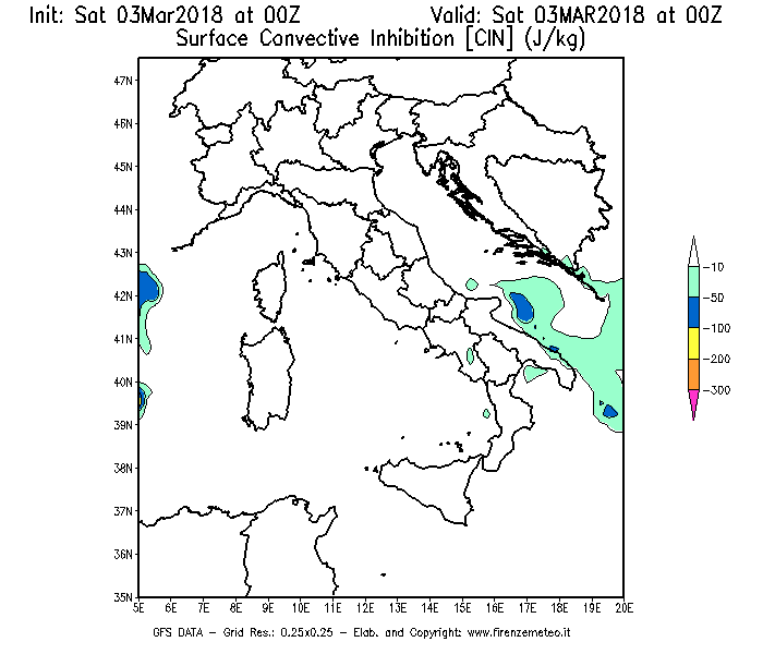 Mappa di analisi GFS - CIN [J/kg] in Italia
							del 03/03/2018 00 <!--googleoff: index-->UTC<!--googleon: index-->