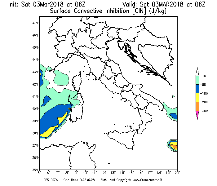 Mappa di analisi GFS - CIN [J/kg] in Italia
							del 03/03/2018 06 <!--googleoff: index-->UTC<!--googleon: index-->