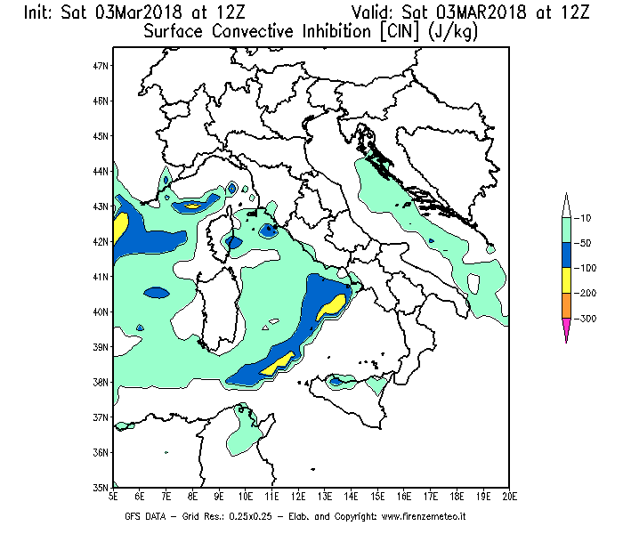 Mappa di analisi GFS - CIN [J/kg] in Italia
							del 03/03/2018 12 <!--googleoff: index-->UTC<!--googleon: index-->