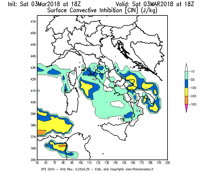 Mappa di analisi GFS - CIN [J/kg] in Italia
									del 03/03/2018 18 <!--googleoff: index-->UTC<!--googleon: index-->