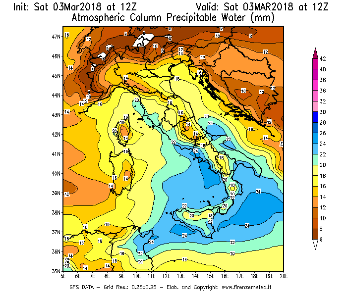 Mappa di analisi GFS - Precipitable Water [mm] in Italia
							del 03/03/2018 12 <!--googleoff: index-->UTC<!--googleon: index-->