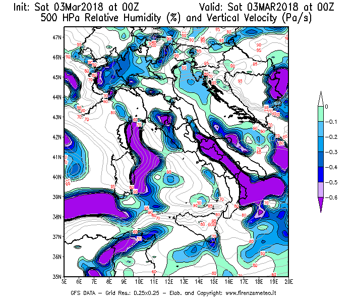Mappa di analisi GFS - Umidità relativa [%] e Omega [Pa/s] a 500 hPa in Italia
									del 03/03/2018 00 <!--googleoff: index-->UTC<!--googleon: index-->