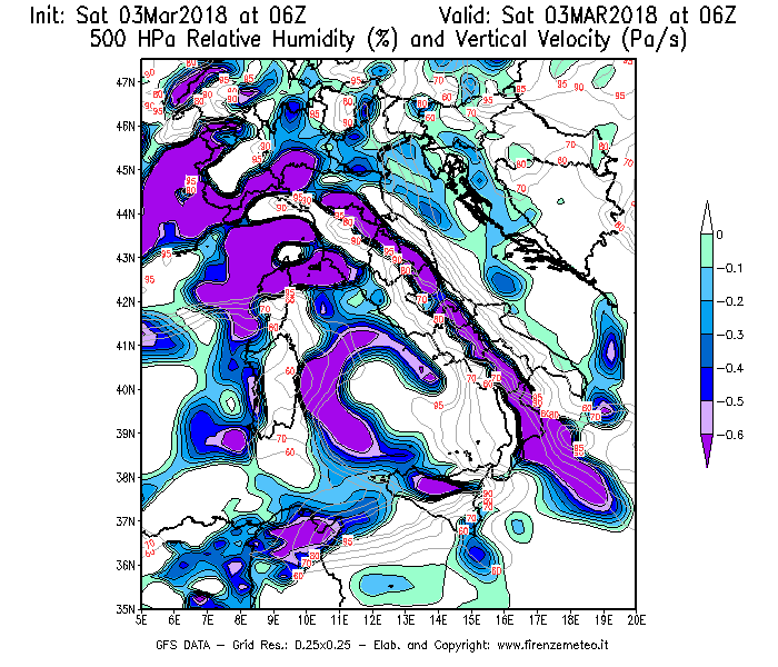 Mappa di analisi GFS - Umidità relativa [%] e Omega [Pa/s] a 500 hPa in Italia
									del 03/03/2018 06 <!--googleoff: index-->UTC<!--googleon: index-->