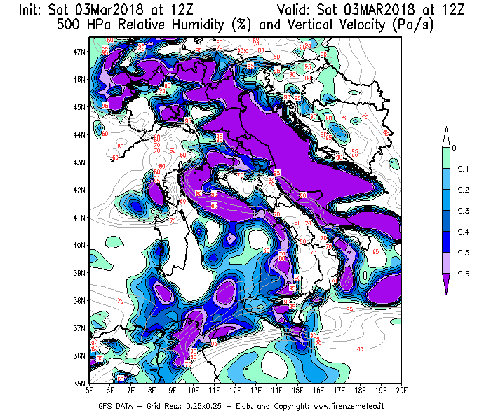 Mappa di analisi GFS - Umidità relativa [%] e Omega [Pa/s] a 500 hPa in Italia
									del 03/03/2018 12 <!--googleoff: index-->UTC<!--googleon: index-->