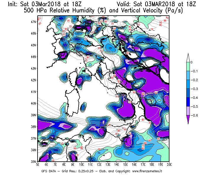 Mappa di analisi GFS - Umidità relativa [%] e Omega [Pa/s] a 500 hPa in Italia
							del 03/03/2018 18 <!--googleoff: index-->UTC<!--googleon: index-->
