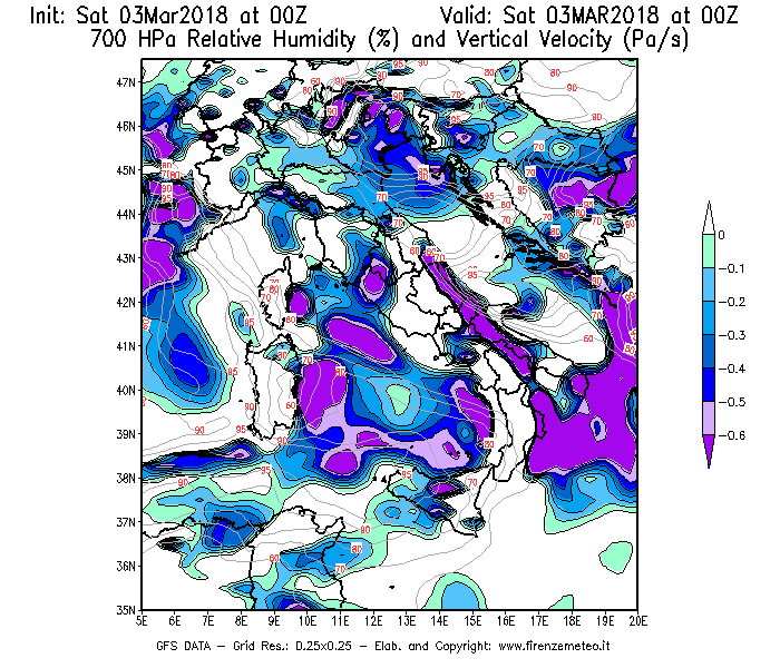 Mappa di analisi GFS - Umidità relativa [%] e Omega [Pa/s] a 700 hPa in Italia
							del 03/03/2018 00 <!--googleoff: index-->UTC<!--googleon: index-->
