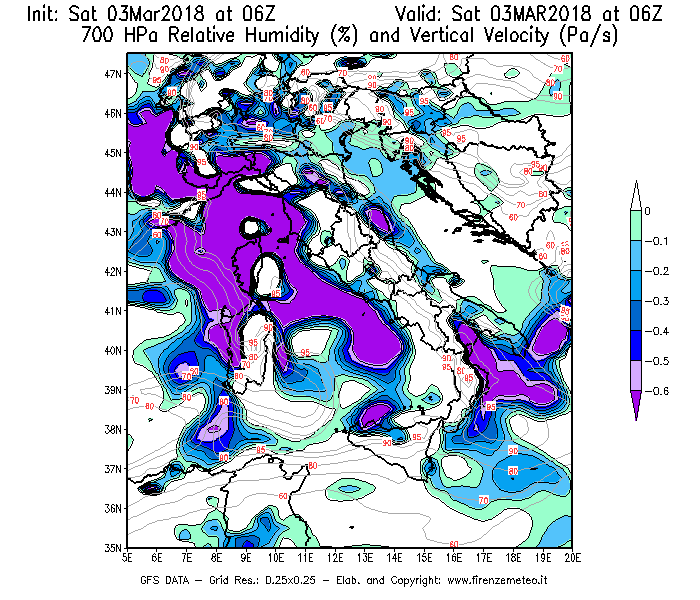 Mappa di analisi GFS - Umidità relativa [%] e Omega [Pa/s] a 700 hPa in Italia
									del 03/03/2018 06 <!--googleoff: index-->UTC<!--googleon: index-->