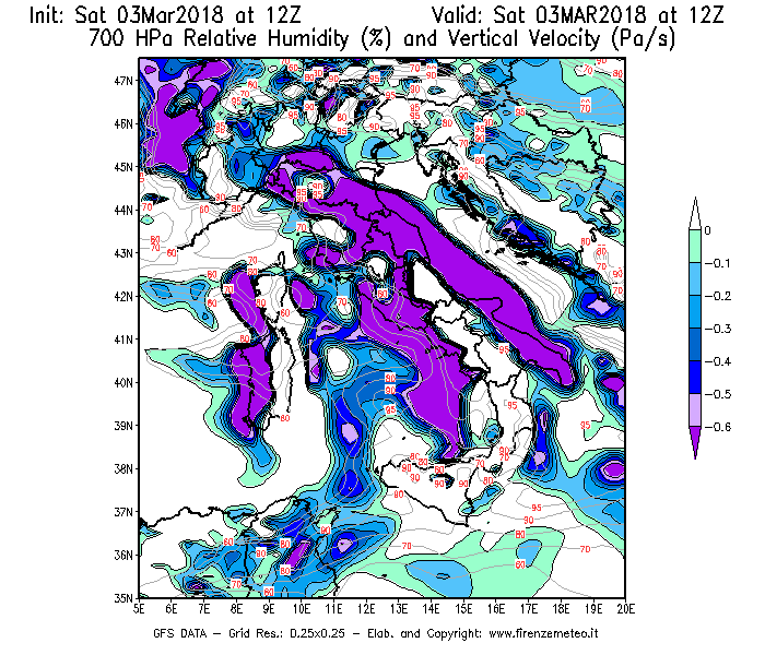 Mappa di analisi GFS - Umidità relativa [%] e Omega [Pa/s] a 700 hPa in Italia
							del 03/03/2018 12 <!--googleoff: index-->UTC<!--googleon: index-->
