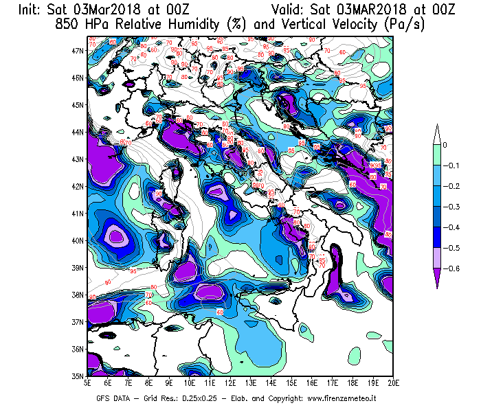 Mappa di analisi GFS - Umidità relativa [%] e Omega [Pa/s] a 850 hPa in Italia
							del 03/03/2018 00 <!--googleoff: index-->UTC<!--googleon: index-->
