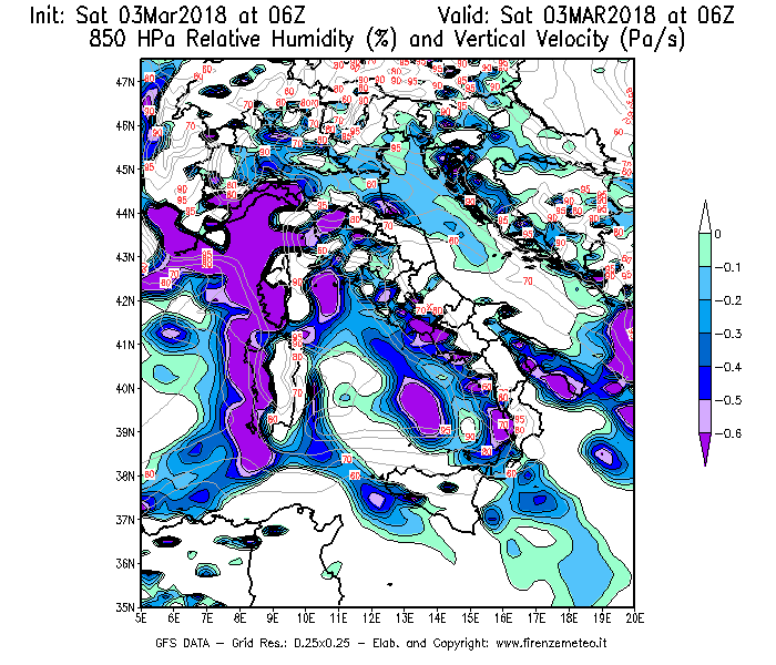 Mappa di analisi GFS - Umidità relativa [%] e Omega [Pa/s] a 850 hPa in Italia
							del 03/03/2018 06 <!--googleoff: index-->UTC<!--googleon: index-->