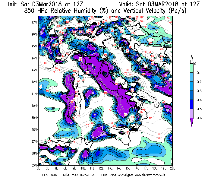 Mappa di analisi GFS - Umidità relativa [%] e Omega [Pa/s] a 850 hPa in Italia
							del 03/03/2018 12 <!--googleoff: index-->UTC<!--googleon: index-->