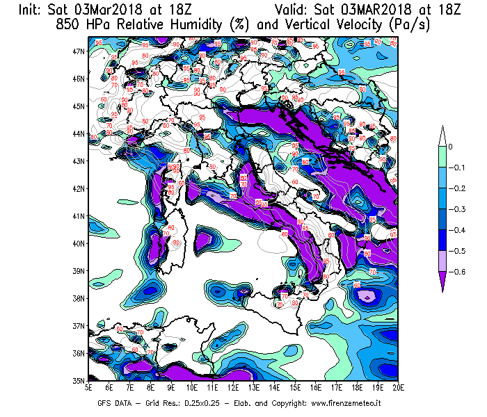 Mappa di analisi GFS - Umidità relativa [%] e Omega [Pa/s] a 850 hPa in Italia
							del 03/03/2018 18 <!--googleoff: index-->UTC<!--googleon: index-->
