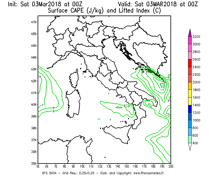 Mappa di analisi GFS - CAPE [J/kg] e Lifted Index [°C] in Italia
									del 03/03/2018 00 <!--googleoff: index-->UTC<!--googleon: index-->