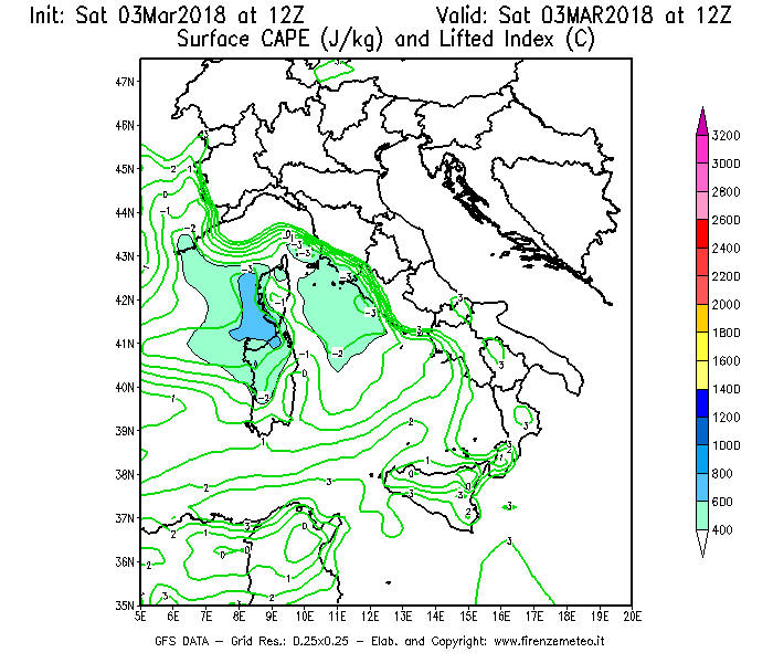 Mappa di analisi GFS - CAPE [J/kg] e Lifted Index [°C] in Italia
							del 03/03/2018 12 <!--googleoff: index-->UTC<!--googleon: index-->