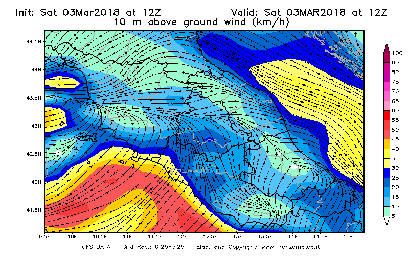 Mappa di analisi GFS - Velocità del vento a 10 metri dal suolo [km/h] in Centro-Italia
							del 03/03/2018 12 <!--googleoff: index-->UTC<!--googleon: index-->