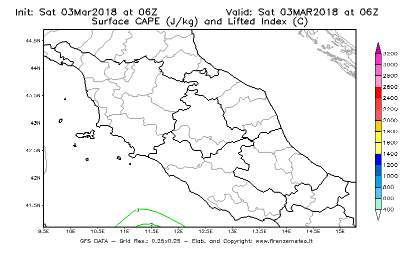 Mappa di analisi GFS - CAPE [J/kg] e Lifted Index [°C] in Centro-Italia
							del 03/03/2018 06 <!--googleoff: index-->UTC<!--googleon: index-->