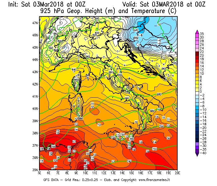 Mappa di analisi GFS - Geopotenziale [m] e Temperatura [°C] a 925 hPa in Italia
							del 03/03/2018 00 <!--googleoff: index-->UTC<!--googleon: index-->