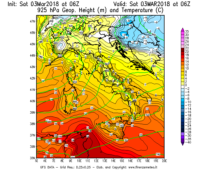 Mappa di analisi GFS - Geopotenziale [m] e Temperatura [°C] a 925 hPa in Italia
									del 03/03/2018 06 <!--googleoff: index-->UTC<!--googleon: index-->