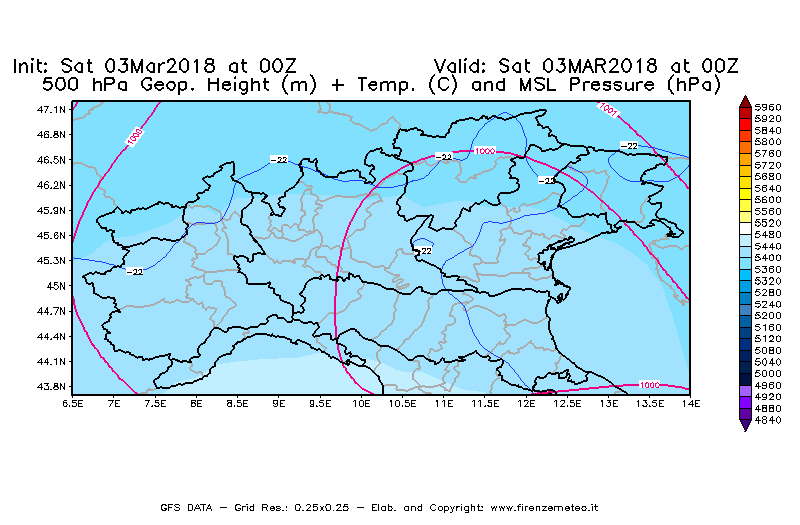 Mappa di analisi GFS - Geopotenziale [m] + Temp. [°C] a 500 hPa + Press. a livello del mare [hPa] in Nord-Italia
									del 03/03/2018 00 <!--googleoff: index-->UTC<!--googleon: index-->