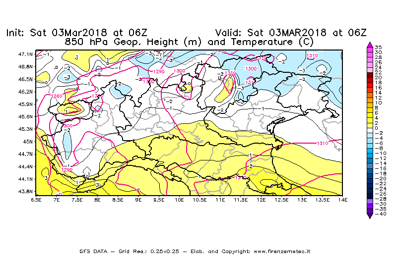 Mappa di analisi GFS - Geopotenziale [m] e Temperatura [°C] a 850 hPa in Nord-Italia
									del 03/03/2018 06 <!--googleoff: index-->UTC<!--googleon: index-->