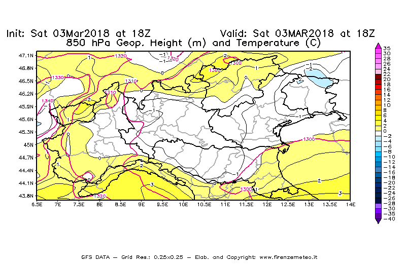 Mappa di analisi GFS - Geopotenziale [m] e Temperatura [°C] a 850 hPa in Nord-Italia
							del 03/03/2018 18 <!--googleoff: index-->UTC<!--googleon: index-->