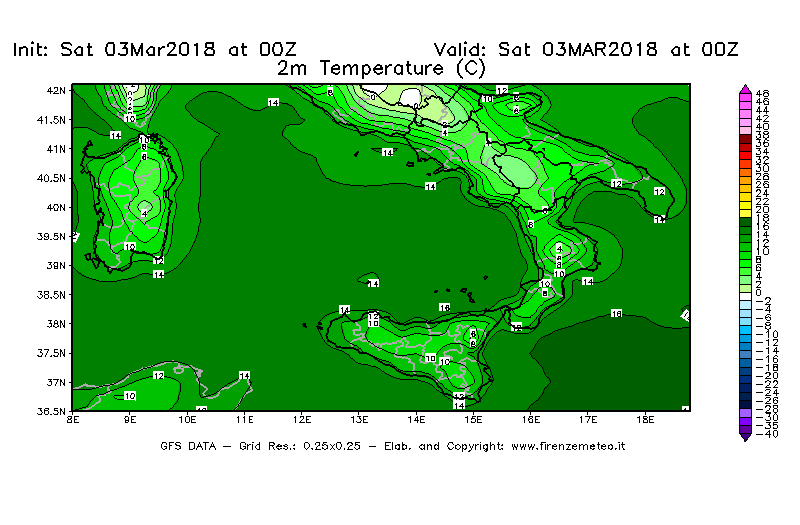 Mappa di analisi GFS - Temperatura a 2 metri dal suolo [°C] in Sud-Italia
									del 03/03/2018 00 <!--googleoff: index-->UTC<!--googleon: index-->