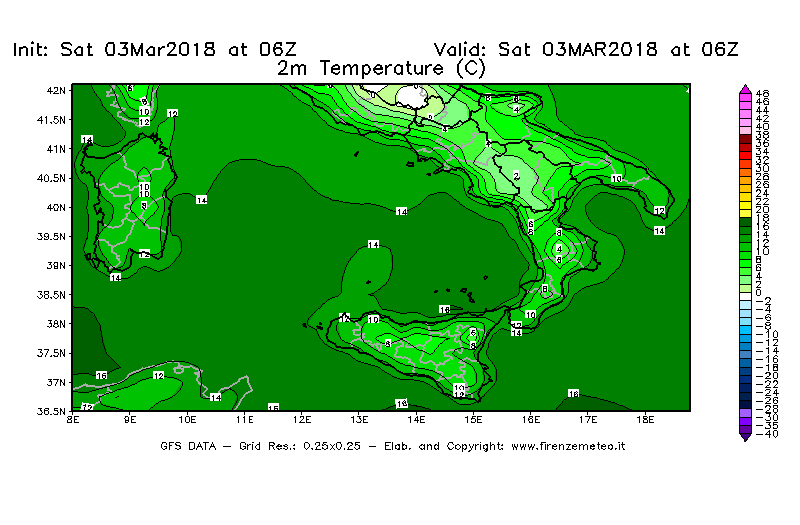 Mappa di analisi GFS - Temperatura a 2 metri dal suolo [°C] in Sud-Italia
									del 03/03/2018 06 <!--googleoff: index-->UTC<!--googleon: index-->