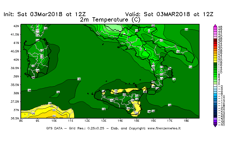 Mappa di analisi GFS - Temperatura a 2 metri dal suolo [°C] in Sud-Italia
									del 03/03/2018 12 <!--googleoff: index-->UTC<!--googleon: index-->