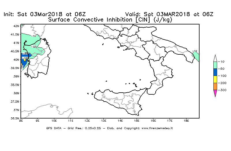 Mappa di analisi GFS - CIN [J/kg] in Sud-Italia
							del 03/03/2018 06 <!--googleoff: index-->UTC<!--googleon: index-->