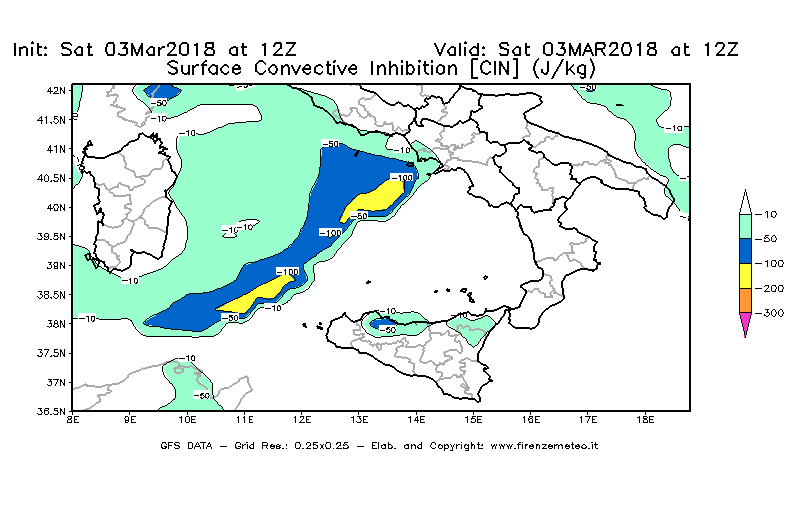 Mappa di analisi GFS - CIN [J/kg] in Sud-Italia
									del 03/03/2018 12 <!--googleoff: index-->UTC<!--googleon: index-->
