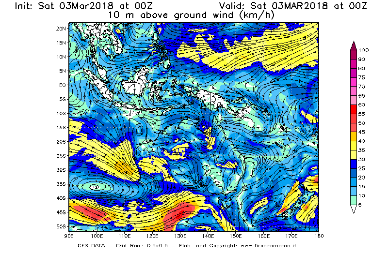 Mappa di analisi GFS - Velocità del vento a 10 metri dal suolo [km/h] in Oceania
							del 03/03/2018 00 <!--googleoff: index-->UTC<!--googleon: index-->