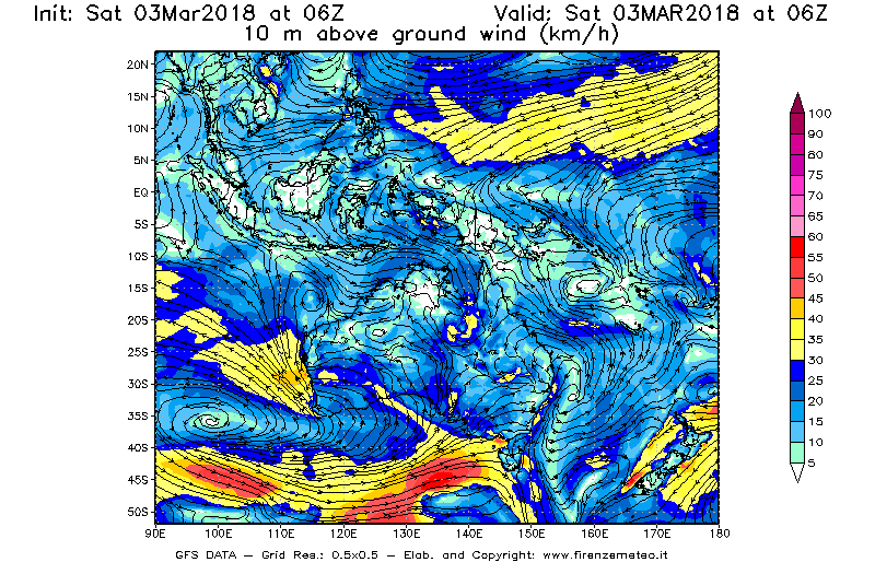 Mappa di analisi GFS - Velocità del vento a 10 metri dal suolo [km/h] in Oceania
									del 03/03/2018 06 <!--googleoff: index-->UTC<!--googleon: index-->