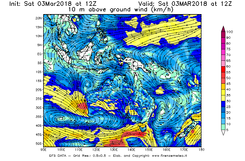 Mappa di analisi GFS - Velocità del vento a 10 metri dal suolo [km/h] in Oceania
							del 03/03/2018 12 <!--googleoff: index-->UTC<!--googleon: index-->