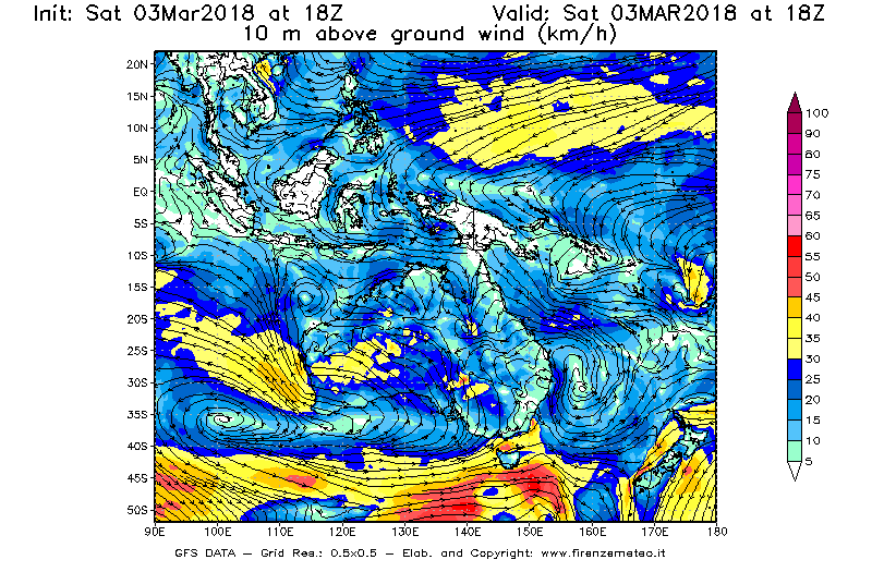 Mappa di analisi GFS - Velocità del vento a 10 metri dal suolo [km/h] in Oceania
							del 03/03/2018 18 <!--googleoff: index-->UTC<!--googleon: index-->