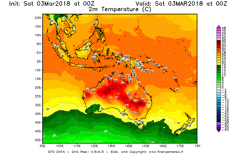 Mappa di analisi GFS - Temperatura a 2 metri dal suolo [°C] in Oceania
									del 03/03/2018 00 <!--googleoff: index-->UTC<!--googleon: index-->