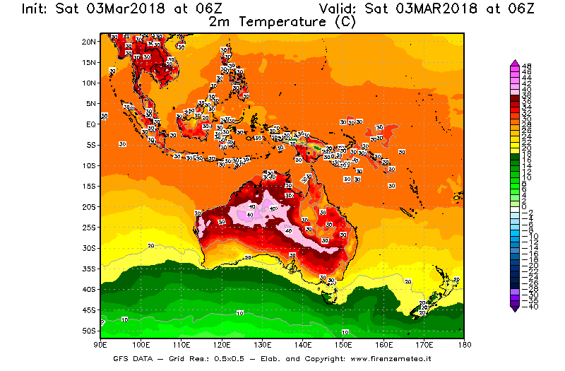 Mappa di analisi GFS - Temperatura a 2 metri dal suolo [°C] in Oceania
									del 03/03/2018 06 <!--googleoff: index-->UTC<!--googleon: index-->