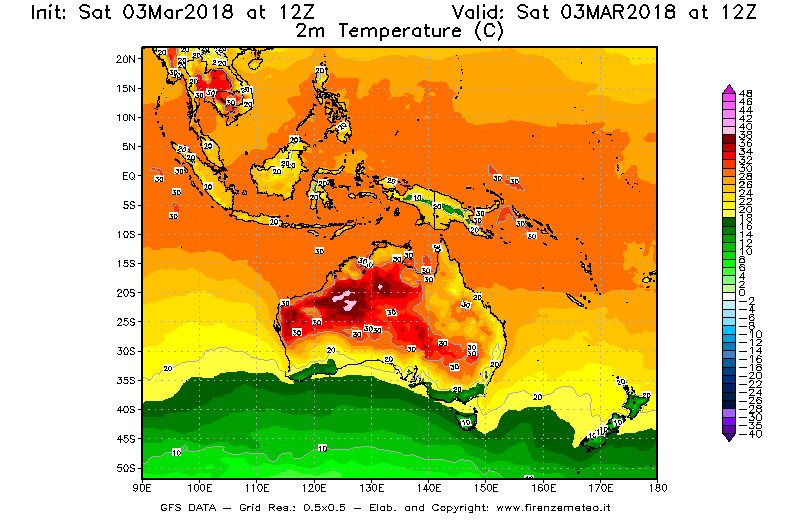 Mappa di analisi GFS - Temperatura a 2 metri dal suolo [°C] in Oceania
							del 03/03/2018 12 <!--googleoff: index-->UTC<!--googleon: index-->