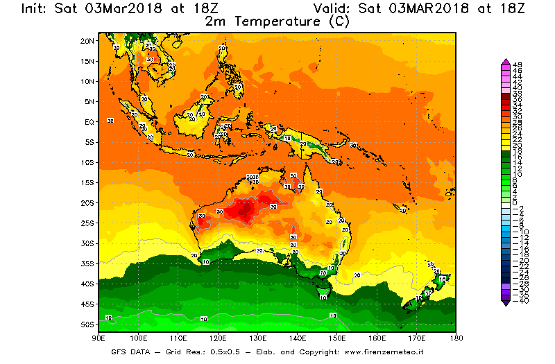 Mappa di analisi GFS - Temperatura a 2 metri dal suolo [°C] in Oceania
							del 03/03/2018 18 <!--googleoff: index-->UTC<!--googleon: index-->