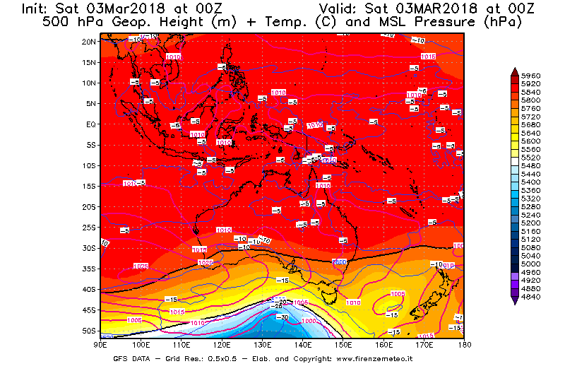 Mappa di analisi GFS - Geopotenziale [m] + Temp. [°C] a 500 hPa + Press. a livello del mare [hPa] in Oceania
							del 03/03/2018 00 <!--googleoff: index-->UTC<!--googleon: index-->