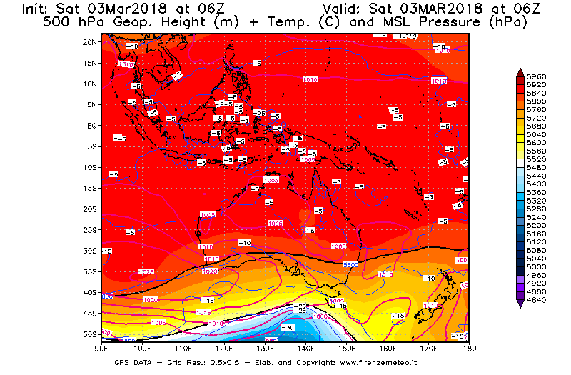 Mappa di analisi GFS - Geopotenziale [m] + Temp. [°C] a 500 hPa + Press. a livello del mare [hPa] in Oceania
							del 03/03/2018 06 <!--googleoff: index-->UTC<!--googleon: index-->