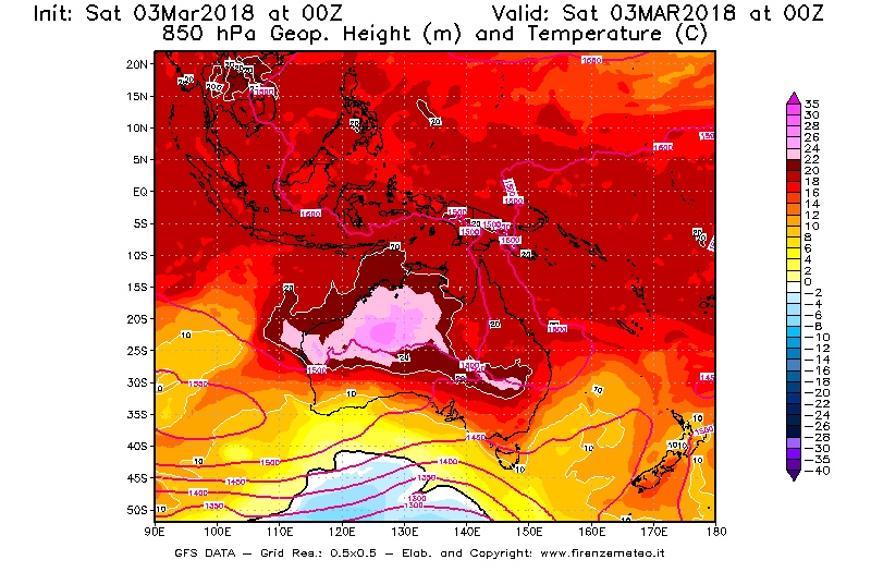 Mappa di analisi GFS - Geopotenziale [m] e Temperatura [°C] a 850 hPa in Oceania
									del 03/03/2018 00 <!--googleoff: index-->UTC<!--googleon: index-->