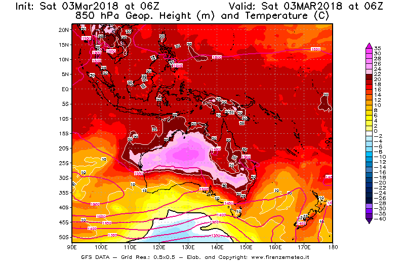 Mappa di analisi GFS - Geopotenziale [m] e Temperatura [°C] a 850 hPa in Oceania
							del 03/03/2018 06 <!--googleoff: index-->UTC<!--googleon: index-->